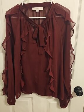 LOFT Burgundy Ruffle Tie-Neck Blouse